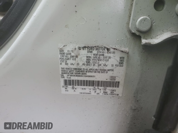 2012 Ford Explorer with VIN 1FMHK8B85CGA96651, listed as a Copart auction lot 53559765 with Not provided miles and Salvage title. Bid and sale history available at DreamBid. Image 13.