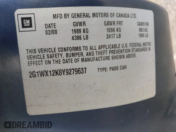 2000 Chevrolet Monte Carlo SS с VIN 2G1WX12K8Y9279637, выставлен на аукционе IAAI как лот 42263044 с пробегом Не указан миль и . История ставок и продаж доступна на DreamBid. Изображение 9.
