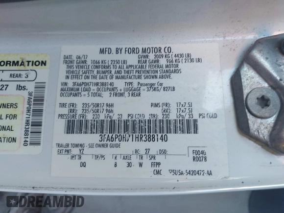 2017 Ford Fusion SE с VIN 3FA6P0H71HR388140, выставлен на аукционе IAAI как лот 41823597 с пробегом 160 000 миль миль и . История ставок и продаж доступна на DreamBid. Изображение 9.