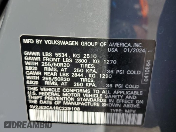 2024 Volkswagen Atlas SE with VIN 1V2JE2CA1RC229108, listed as a Copart auction lot 52820435 with 14,426 mi miles and Salvage title. Bid and sale history available at DreamBid. Image 14.