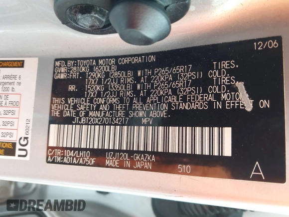 2007 Lexus GX 470 z VIN JTJBT20X270134217, wystawiony jako IAAI lot #42075951 z przebiegiem 210 309 mil mil oraz . Historia ofert i sprzedaży dostępna na DreamBid. Obrazek 9.