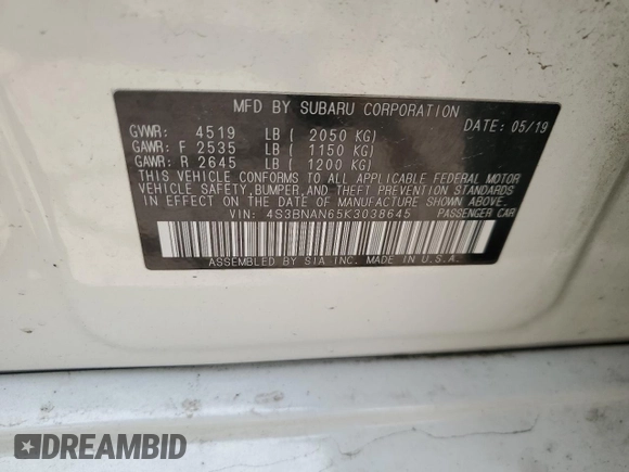 2019 Subaru Legacy Limited with VIN 4S3BNAN65K3038645, listed as a Copart auction lot 52906255 with 66,261 mi miles and Salvage Title. Bid and sale history available at DreamBid. Image 12.