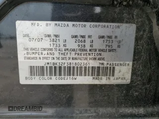 2008 Mazda 3 i Touring Value with VIN JM1BK32F381802361, listed as a Copart auction lot 55847925 with 205,146 mi miles and Salvage Title. Bid and sale history available at DreamBid. Image 12.