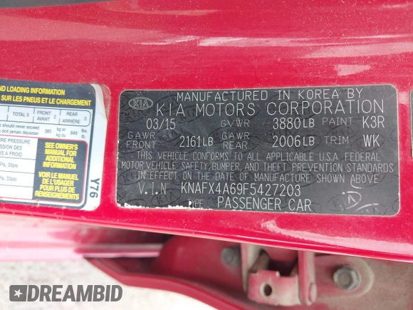 2015 Kia Forte LX with VIN KNAFX4A69F5427203, listed as a IAAI auction lot 41961590 with 176,599 mi miles. Bid and sale history available at carsss.com. Image 9.