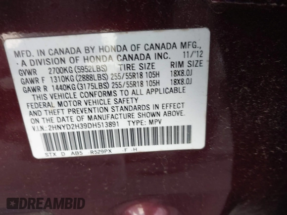 2013 Acura MDX Tech Pkg with VIN 2HNYD2H39DH513891, listed as a IAAI auction lot 42096768 with 272,671 mi miles. Bid and sale history available at carsss.com. Image 9.