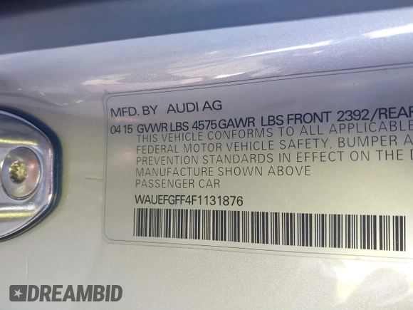 2015 Audi A3 Premium Plus with VIN WAUEFGFF4F1131876, listed as a IAAI auction lot 41369564 with 40,341 mi miles and . Bid and sale history available at DreamBid. Image 9.
