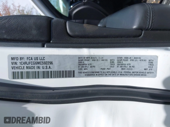 2021 Jeep Grand Cherokee Overland with VIN 1C4RJFCG6MC592296, listed as a IAAI auction lot 42170899 with 56,553 mi miles and . Bid and sale history available at DreamBid. Image 9.