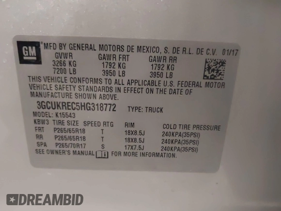2017 Chevrolet Silverado 1500 LT with VIN 3GCUKREC5HG318772, listed as a IAAI auction lot 42056116 with 82,987 mi miles and . Bid and sale history available at DreamBid. Image 9.
