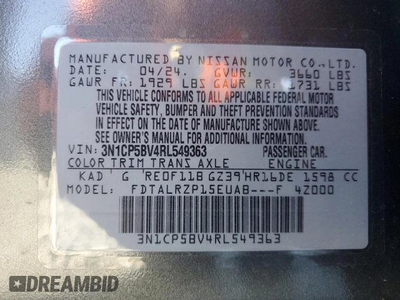 2024 Nissan Kicks S with VIN 3N1CP5BV4RL549363, listed as a Copart auction lot 48413765 with 3,568 mi miles and Salvage Title. Bid and sale history available at carsss.com. Image 12.