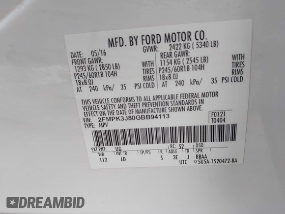 2016 Ford Edge SEL with VIN 2FMPK3J80GBB94113, listed as a IAAI auction lot 41728463 with 111,697 mi miles. Bid and sale history available at carsss.com. Image 9.