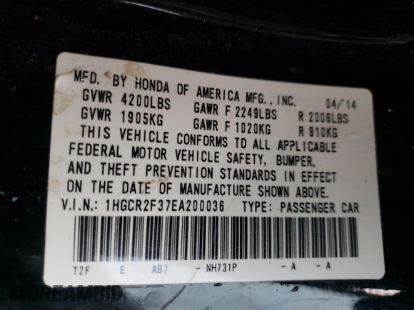 2014 Honda Accord Sedan LX with VIN 1HGCR2F37EA200036, listed as a Copart auction lot 47605025 with 114,417 mi miles and Salvage Title. Bid and sale history available at carsss.com. Image 13.
