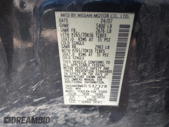 2007 Nissan Xterra SE with VIN 5N1AN08W67C537328, listed as a IAAI auction lot 41861191 with 202,001 mi miles and . Bid and sale history available at DreamBid. Image 9.