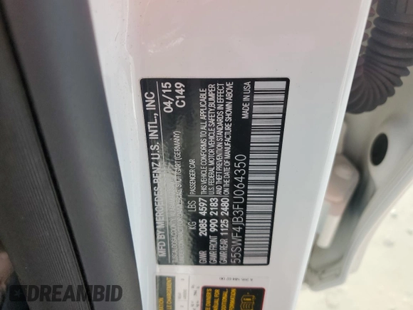 2015 Mercedes-Benz C 300 z VIN 55SWF4JB3FU064350, wystawiony jako Copart lot #57424215 z przebiegiem 39 416 mil mil oraz Szkoda całkowita • Salvage title. Historia ofert i sprzedaży dostępna na DreamBid. Obrazek 12.