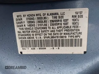 2007 Honda Odyssey EX-L z VIN 5FNRL38647B139018, wystawiony jako IAAI lot #41712602 z przebiegiem 243 473 mil mil oraz . Historia ofert i sprzedaży dostępna na DreamBid. Obrazek 9.