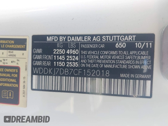 2012 Mercedes-Benz E 550 with VIN WDDKJ7DB7CF152018, listed as a IAAI auction lot 42304068 with 80,040 mi miles and . Bid and sale history available at DreamBid. Image 9.