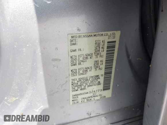 2010 Nissan Titan SE with VIN 1N6BA0ED3AN324773, listed as a IAAI auction lot 41982313 with 270,002 mi miles. Bid and sale history available at carsss.com. Image 9.
