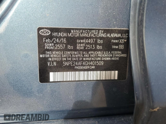 2016 Hyundai Sonata 2.4L with VIN 5NPE24AF4GH401509, listed as a Copart auction lot 44973315 with 139,952 mi miles and Salvage Title. Bid and sale history available at carsss.com. Image 14.