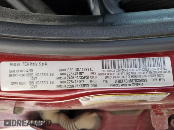 2015 FIAT 500L Urbana Trekking с VIN ZFBCFADH8FZ035099, выставлен на аукционе Copart как лот 63457085 с пробегом 94 822 миль миль и Списание • Salvage title. История ставок и продаж доступна на DreamBid. Изображение 13.