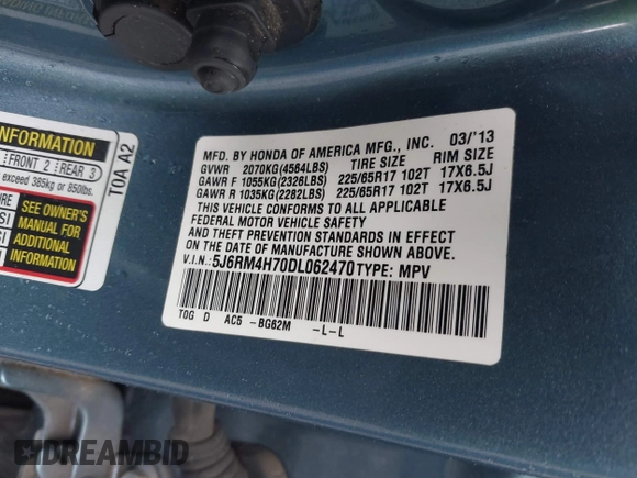 2013 Honda CR-V EX-L with VIN 5J6RM4H70DL062470, listed as a IAAI auction lot 41818275 with 146,936 mi miles. Bid and sale history available at carsss.com. Image 9.