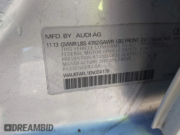 2014 Audi A4 Premium Plus with VIN WAUEFAFL1EN024178, listed as a IAAI auction lot 41744161 with 49,675 mi miles. Bid and sale history available at carsss.com. Image 9.