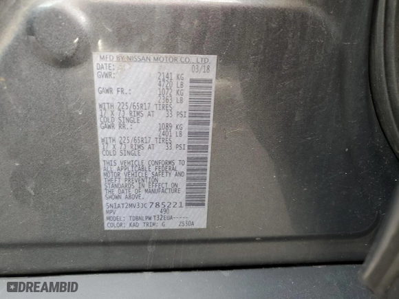 2018 Nissan Rogue SV with VIN 5N1AT2MV3JC785221, listed as a Copart auction lot 43079255 with 193,138 mi miles and Salvage Title. Bid and sale history available at carsss.com. Image 13.