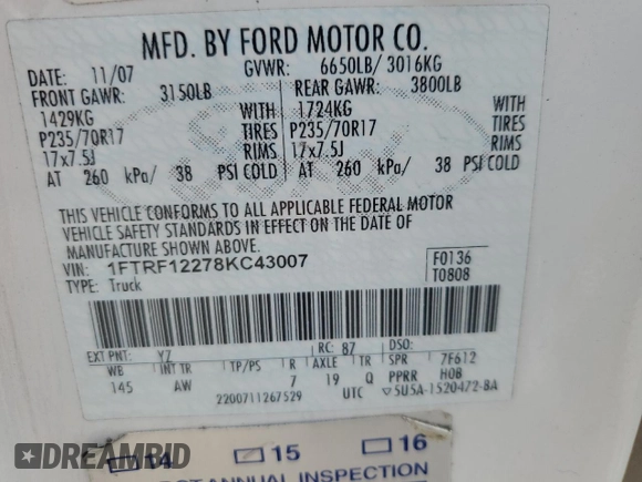 2008 Ford F-150 XL with VIN 1FTRF12278KC43007, listed as a Copart auction lot 86540584 with 109,226 mi miles and Clean Title. Bid and sale history available at carsss.com. Image 12.