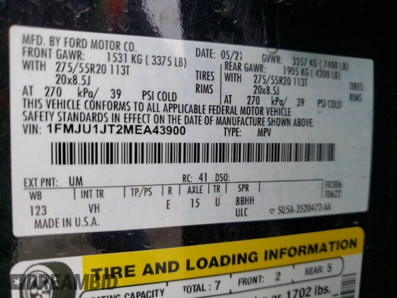 2021 Ford Expedition XLT with VIN 1FMJU1JT2MEA43900, listed as a Copart auction lot 44094513 with 0 mi miles and Salvage Title. Bid and sale history available at carsss.com. Image 14.
