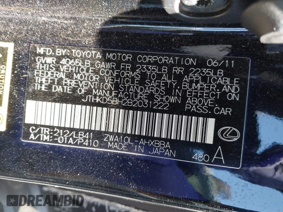 2011 Lexus CT 200h with VIN JTHKD5BH2B2031222, listed as a IAAI auction lot 41551693 with 123,596 mi miles. Bid and sale history available at carsss.com. Image 9.