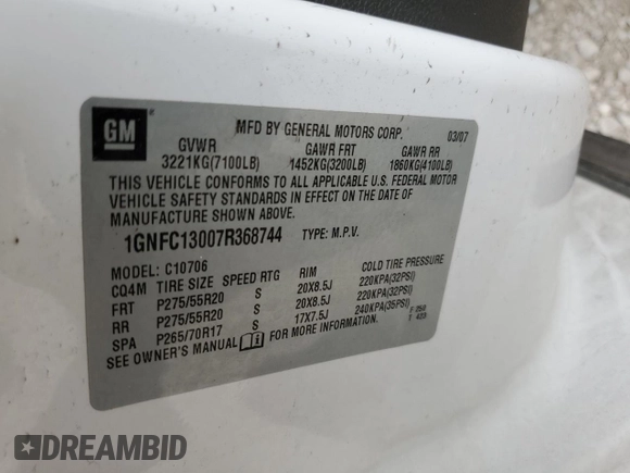 2007 Chevrolet Tahoe LT with VIN 1GNFC13007R368744, listed as a Copart auction lot 60379365 with 209,027 mi miles and Clean title. Bid and sale history available at DreamBid. Image 13.