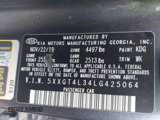 2020 Kia Optima LX with VIN 5XXGT4L34LG425064, listed as a IAAI auction lot 41811003 with 125,619 mi miles and . Bid and sale history available at carsss.com. Image 9.