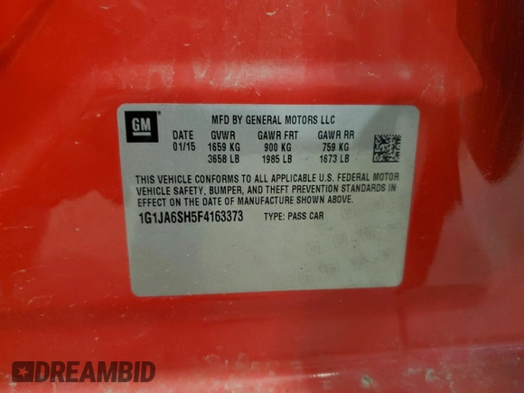 2015 Chevrolet Sonic LS with VIN 1G1JA6SH5F4163373, listed as a Copart auction lot 51759005 with 54,704 mi miles and Salvage title. Bid and sale history available at DreamBid. Image 13.