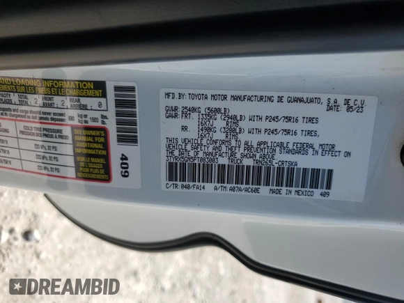 2023 Toyota Tacoma SR with VIN 3TYRX5GN5PT083003, listed as a Copart auction lot 62530125 with 35,952 mi miles and Clean title. Bid and sale history available at DreamBid. Image 12.