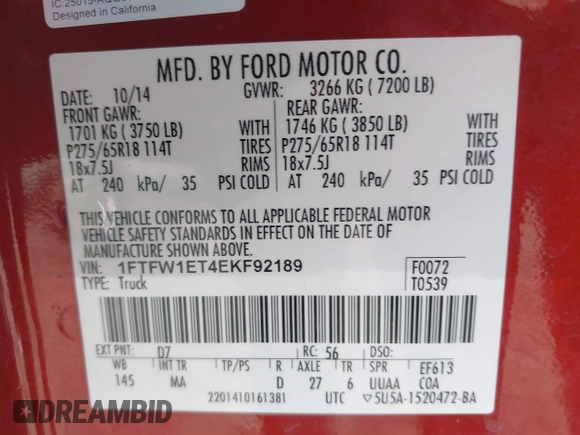 2014 Ford F-150 XL with VIN 1FTFW1ET4EKF92189, listed as a IAAI auction lot 41433126 with 191,591 mi miles and . Bid and sale history available at carsss.com. Image 9.