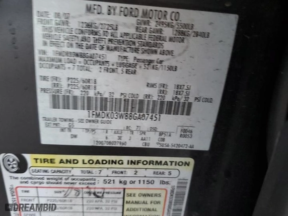 2008 Ford Taurus X Limited with VIN 1FMDK03W88GA07451, listed as a Copart auction lot 71680144 with 178,772 mi miles and Salvage Title. Bid and sale history available at carsss.com. Image 15.