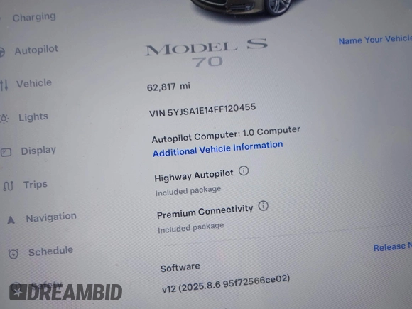 2015 Tesla Model S 85 with VIN 5YJSA1E14FF120455, listed as a IAAI auction lot 42053306 with 62,817 mi miles and . Bid and sale history available at DreamBid. Image 15.