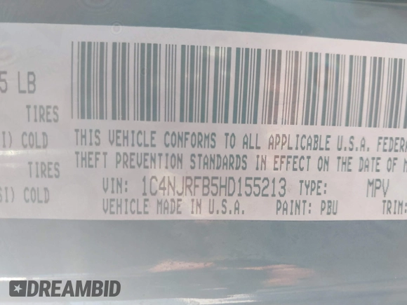 2017 Jeep Patriot High Altitude with VIN 1C4NJRFB5HD155213, listed as a IAAI auction lot 41887573 with 76,959 mi miles and . Bid and sale history available at DreamBid. Image 9.