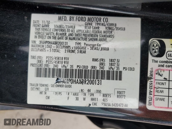 2011 Ford Fusion SE with VIN 3FAHP0HAXBR200131, listed as a Copart auction lot 51229935 with 135,809 mi miles and Salvage Title. Bid and sale history available at carsss.com. Image 13.