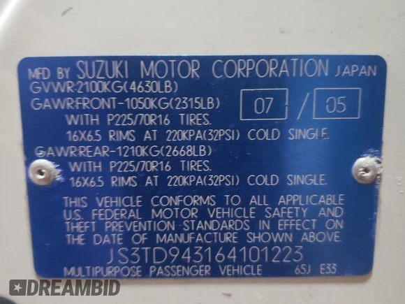 2006 Suzuki Grand Vitara Premium z VIN JS3TD943164101223, wystawiony jako Copart lot #43979705 z przebiegiem 147 813 mil mil oraz Czysty tytuł • Clean title. Historia ofert i sprzedaży dostępna na DreamBid. Obrazek 13.