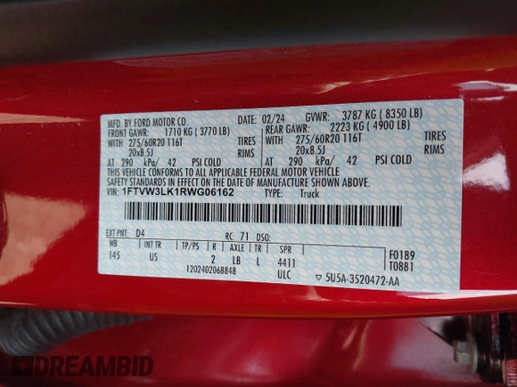 2024 Ford F-150 Lightning XLT with VIN 1FTVW3LK1RWG06162, listed as a IAAI auction lot 41930377 with Not provided miles and . Bid and sale history available at DreamBid. Image 9.