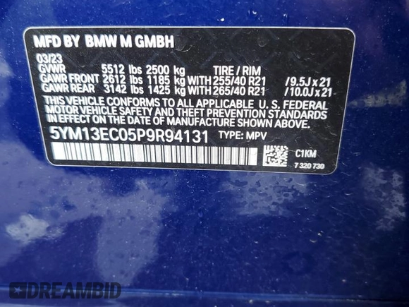 2023 BMW X3 M with VIN 5YM13EC05P9R94131, listed as a Copart auction lot 61018825 with 9,366 mi miles and Salvage title. Bid and sale history available at DreamBid. Image 13.