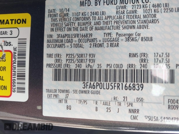 2015 Ford Fusion SE Hybrid with VIN 3FA6P0LU5FR166839, listed as a IAAI auction lot 42436131 with 89,613 mi miles and . Bid and sale history available at DreamBid. Image 9.