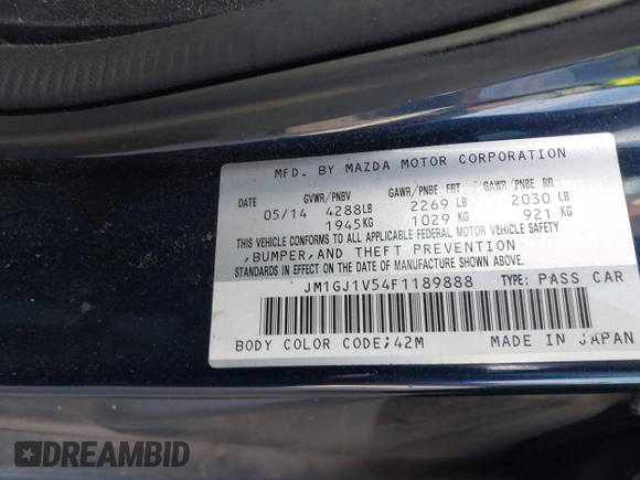 2015 Mazda 6 i Touring with VIN JM1GJ1V54F1189888, listed as a IAAI auction lot 41731193 with Not Provided miles. Bid and sale history available at carsss.com. Image 9.