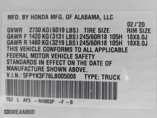 2020 Honda Ridgeline RTL-E with VIN 5FPYK3F76LB005008, listed as a IAAI auction lot 41662580 with 33,987 mi miles. Bid and sale history available at carsss.com. Image 9.