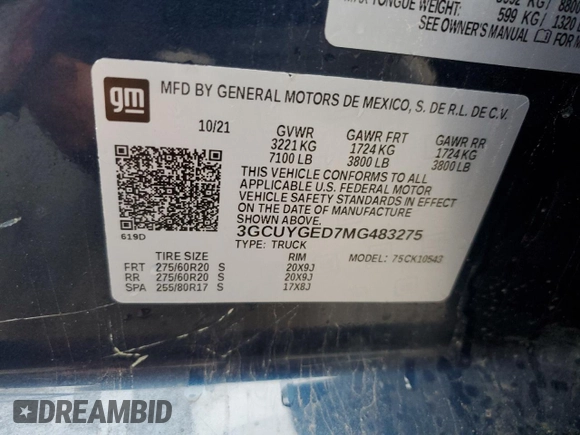 2021 Chevrolet Silverado 1500 LTZ with VIN 3GCUYGED7MG483275, listed as a Copart auction lot 83550714 with 65,564 mi miles and Clean Title. Bid and sale history available at DreamBid. Image 12.