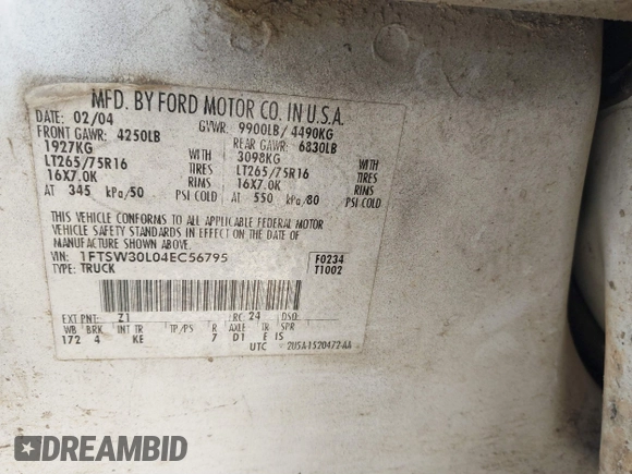 2004 Ford F-350 XL with VIN 1FTSW30L04EC56795, listed as a IAAI auction lot 41628682 with Not Provided miles and . Bid and sale history available at DreamBid. Image 9.