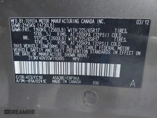 2012 Toyota RAV4 with VIN 2T3KF4DV2CW116885, listed as a IAAI auction lot 41978297 with 189,893 mi miles. Bid and sale history available at carsss.com. Image 9.
