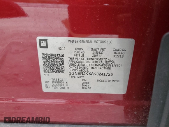 2019 Chevrolet Traverse RS with VIN 1GNERJKX8KJ241725, listed as a Copart auction lot 50967134 with 94,850 mi miles. Bid and sale history available at carsss.com. Image 15.