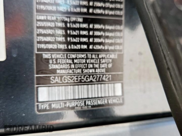 2016 Land Rover Range Rover Supercharged with VIN SALGS2EF5GA277421, listed as a Copart auction lot 62776115 with 93,201 mi miles and Salvage title. Bid and sale history available at DreamBid. Image 13.