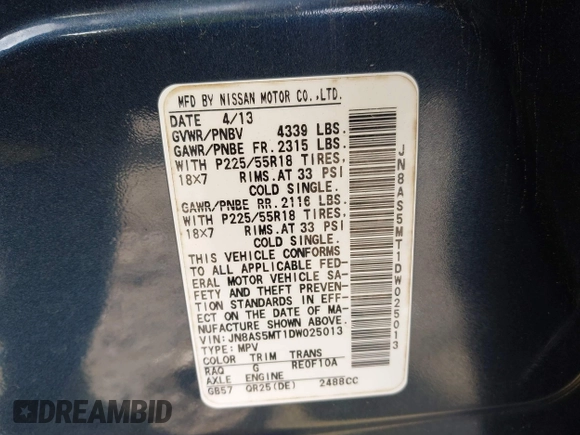 2013 Nissan Rogue S with VIN JN8AS5MT1DW025013, listed as a IAAI auction lot 41260806 with Not Provided miles and . Bid and sale history available at DreamBid. Image 9.