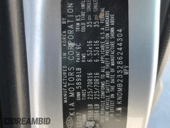 2008 Kia Sedona LX with VIN KNDMB233286244304, listed as a Copart auction lot 43228595 with 233,940 mi miles and Salvage Title. Bid and sale history available at DreamBid. Image 16.